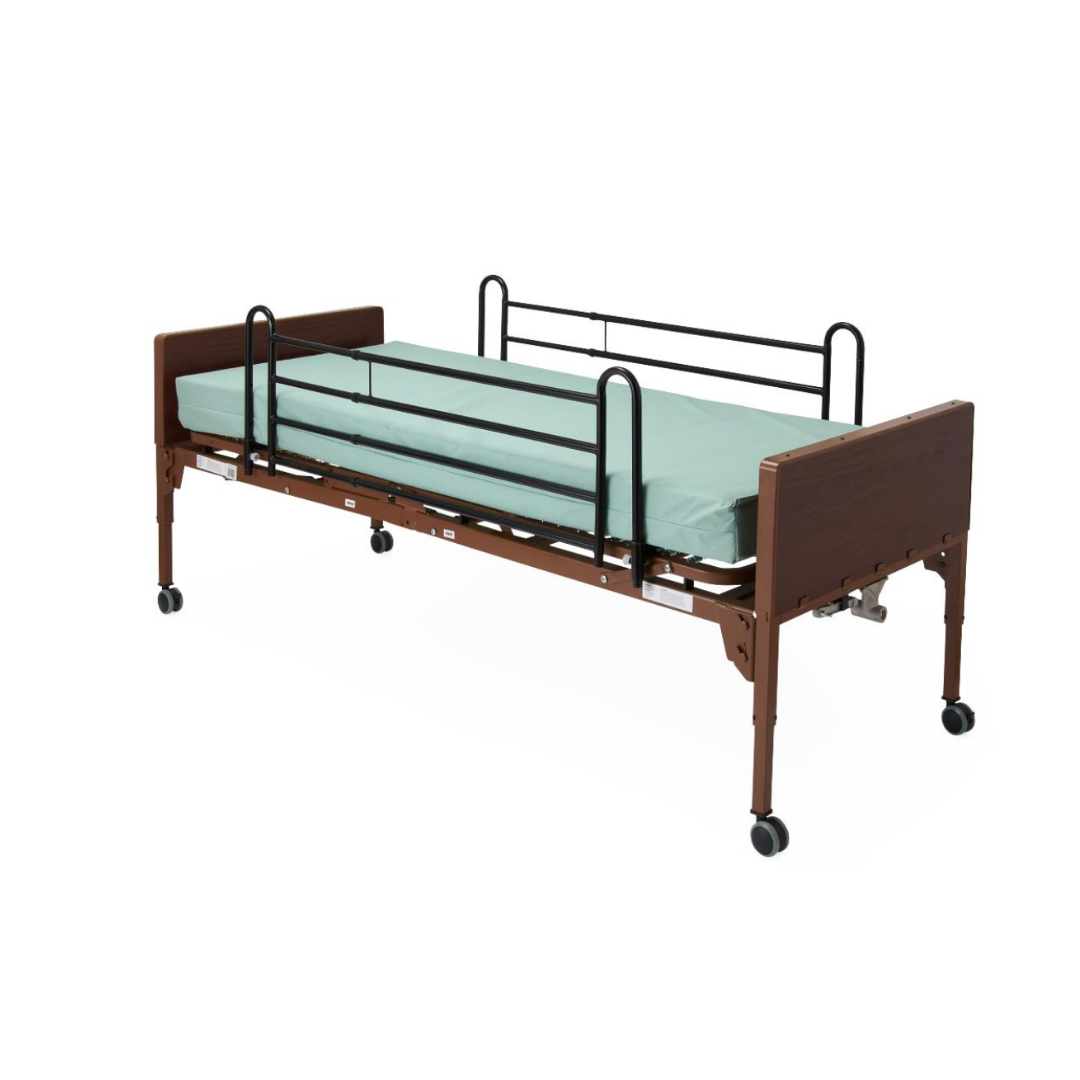 Medline Bed Rails for Medline Homecare Beds are shown on a hospital bed featuring a brown wooden headboard and footboard, black metal bed rails for safety, a light blue mattress, and four caster wheels on a white background.